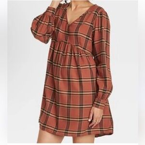 Knox Rose Brown & Orange Plaid Bishop Sleeve A-line Dress